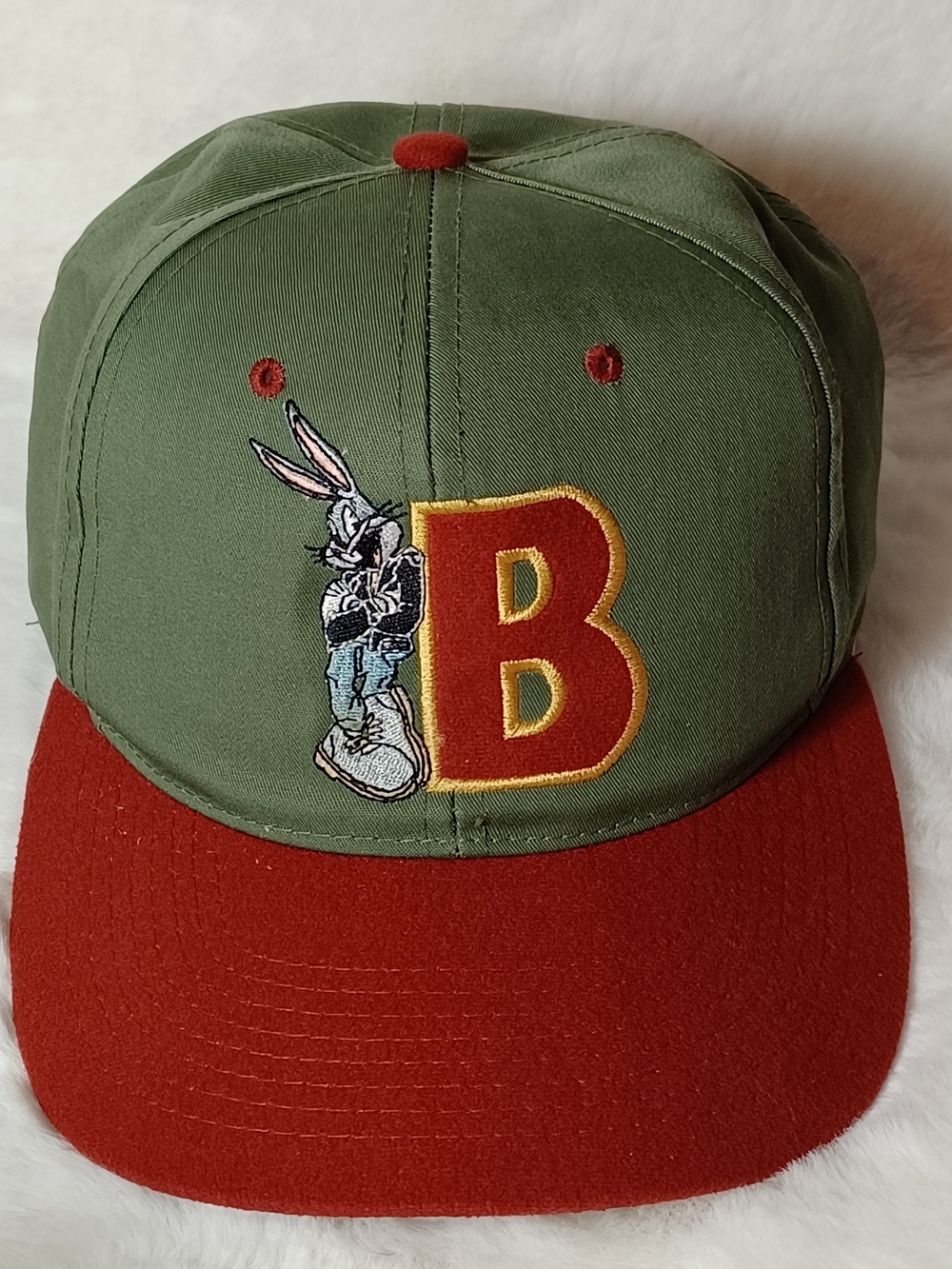 Kids Olive Green and Red Baseball Cap with Embroidered 'B' and Bunny